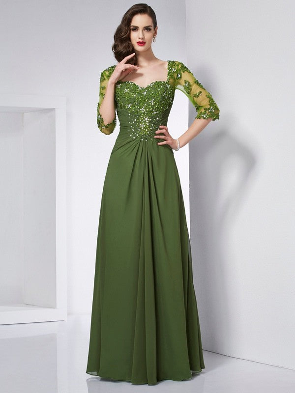 A-Line/Princess Sweetheart 3/4 Sleeves Beading Long Chiffon Dresses