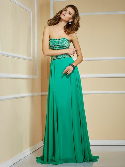 A-Line/Princess Strapless Sleeveless Rhinestone Long Chiffon Dresses