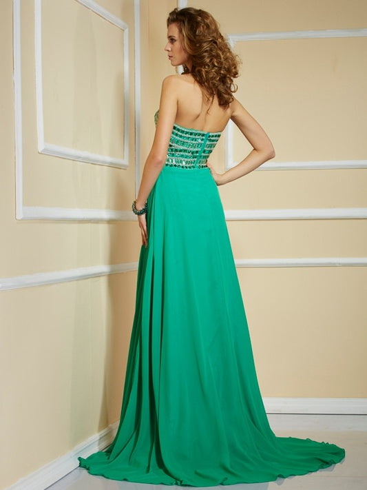 A-Line/Princess Strapless Sleeveless Rhinestone Long Chiffon Dresses