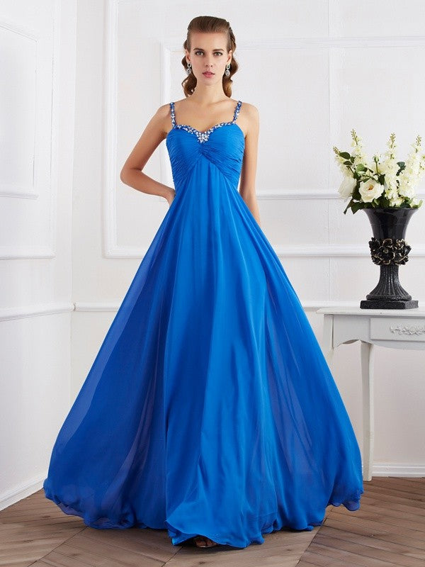 A-Line/Princess Spaghetti Straps Sleeveless Beading Applique Long Chiffon Dresses