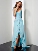 A-Line/Princess Spaghetti Straps Sleeveless Beading Crystal High Low Chiffon Dresses