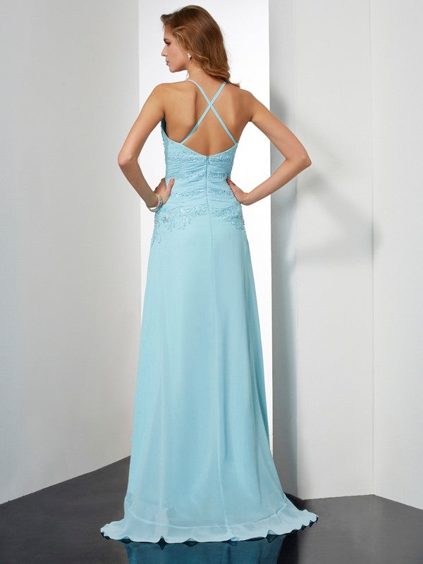 A-Line/Princess Spaghetti Straps Sleeveless Beading Crystal High Low Chiffon Dresses