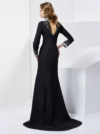 Sheath/Column High Neck Long Sleeves Rhinestone Long Chiffon Dresses