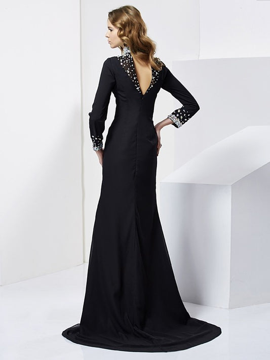 Sheath/Column High Neck Long Sleeves Rhinestone Long Chiffon Dresses