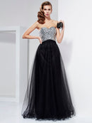 A-Line/Princess Sweetheart Sleeveless Beading Crystal Long  Woven Satin Dresses