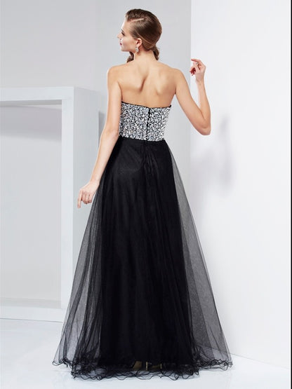 A-Line/Princess Sweetheart Sleeveless Beading Crystal Long  Woven Satin Dresses