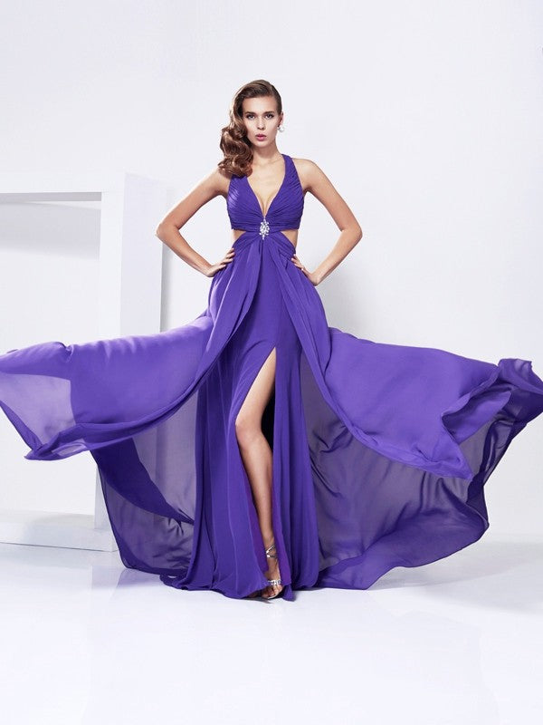 A-Line/Princess V-neck Sleeveless Rhinestone Long Chiffon Dresses