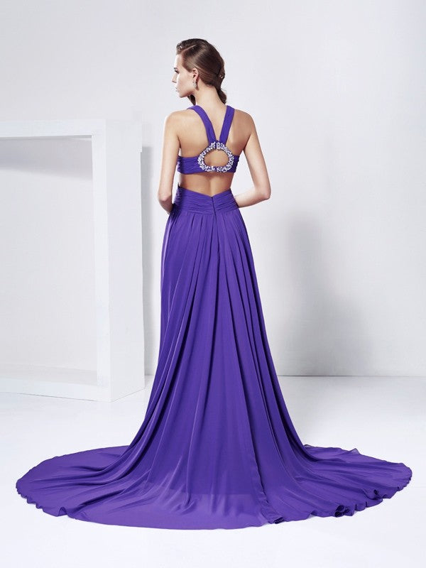 A-Line/Princess V-neck Sleeveless Rhinestone Long Chiffon Dresses