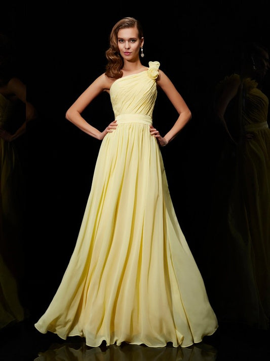 A-Line/Princess One-Shoulder Sleeveless Hand-Made Flower Long Chiffon Bridesmaid Dresses