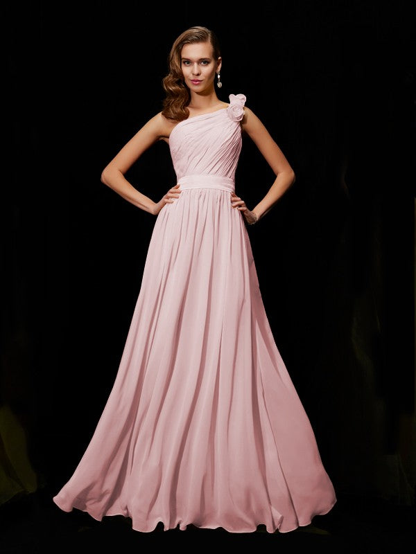 A-Line/Princess One-Shoulder Sleeveless Hand-Made Flower Long Chiffon Bridesmaid Dresses