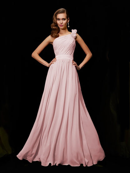 A-Line/Princess One-Shoulder Sleeveless Hand-Made Flower Long Chiffon Bridesmaid Dresses