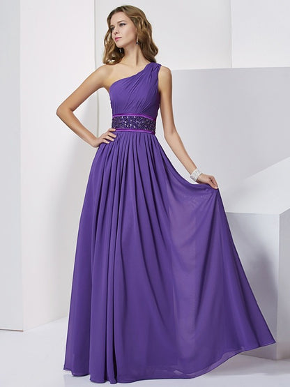 Empire One-Shoulder Sleeveless Beading Long Chiffon Dresses