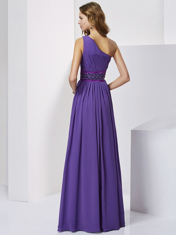 Empire One-Shoulder Sleeveless Beading Long Chiffon Dresses