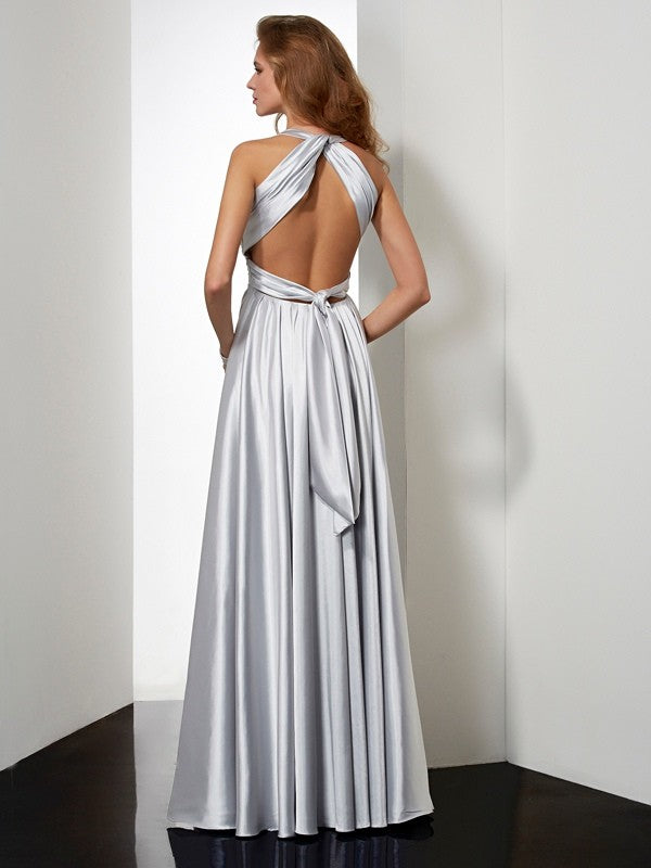 Sheath/Column Halter Sleeveless Pleats Long  Woven Satin Dresses