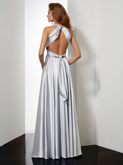 Sheath/Column Halter Sleeveless Pleats Long  Woven Satin Dresses