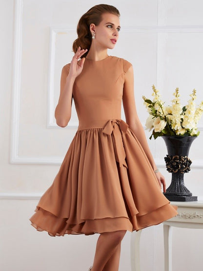 Sheath/Column High Neck Sleeveless Sash/Ribbon/Belt Short Chiffon Bridesmaid Dresses