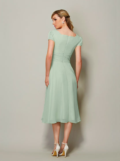 Sheath/Column Bateau Short Sleeves Ruffles Short Chiffon Tea-Length Bridesmaid Dresses