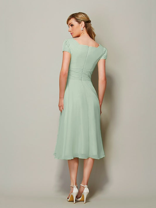 Sheath/Column Bateau Short Sleeves Ruffles Short Chiffon Tea-Length Bridesmaid Dresses