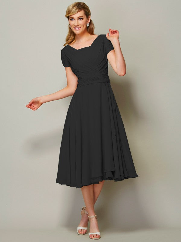 Sheath/Column Bateau Short Sleeves Ruffles Short Chiffon Tea-Length Bridesmaid Dresses