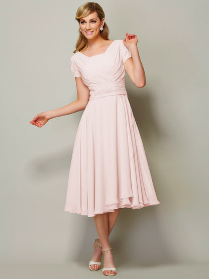 Sheath/Column Bateau Short Sleeves Ruffles Short Chiffon Tea-Length Bridesmaid Dresses