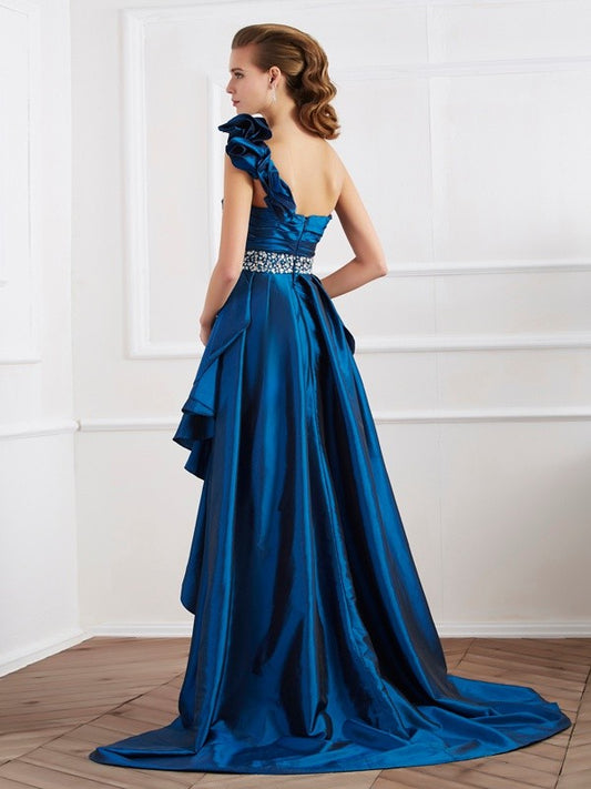 A-Line/Princess One-Shoulder Sleeveless Beading High Low Taffeta Dresses