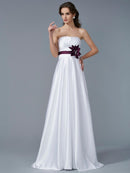 A-Line/Princess Strapless Sleeveless Hand-Made Flower Long Satin Dresses