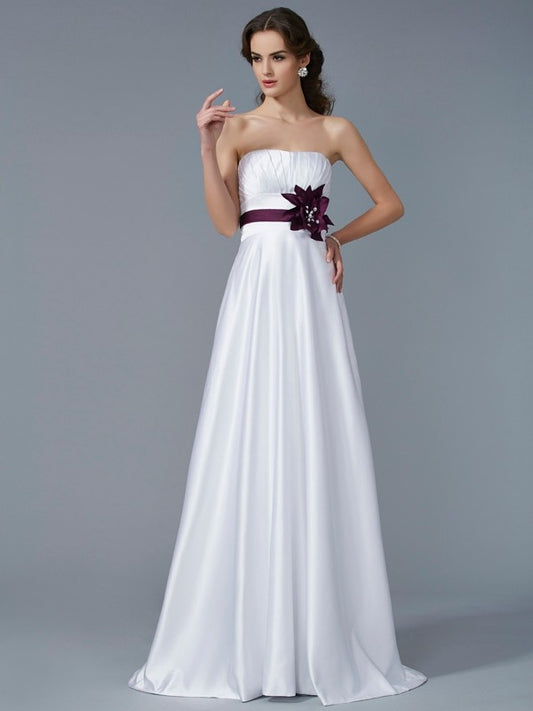 A-Line/Princess Strapless Sleeveless Hand-Made Flower Long Satin Dresses