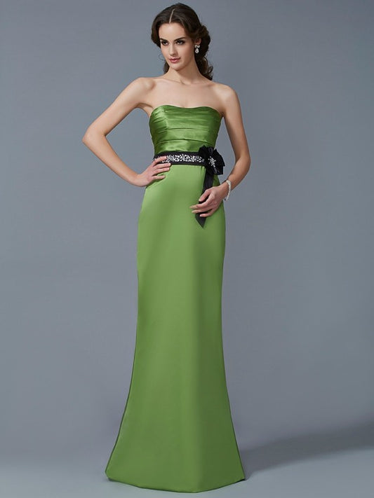 Sheath/Column Strapless Sleeveless Sash/Ribbon/Belt Long Satin Bridesmaid Dresses