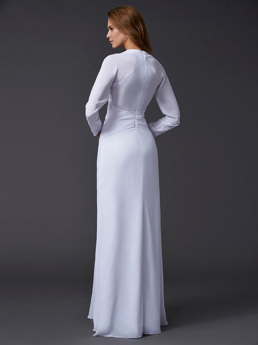 Sheath/Column V-neck Long Sleeves Ruched Long Chiffon Dresses