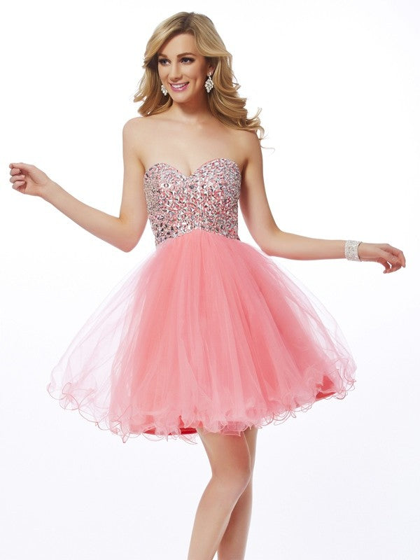 A-Line/Princess Sweetheart Sleeveless Beading Short Net Homecoming Dresses