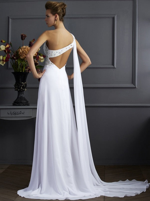 Sheath/Column One-Shoulder Sleeveless Beading Long Chiffon Dresses