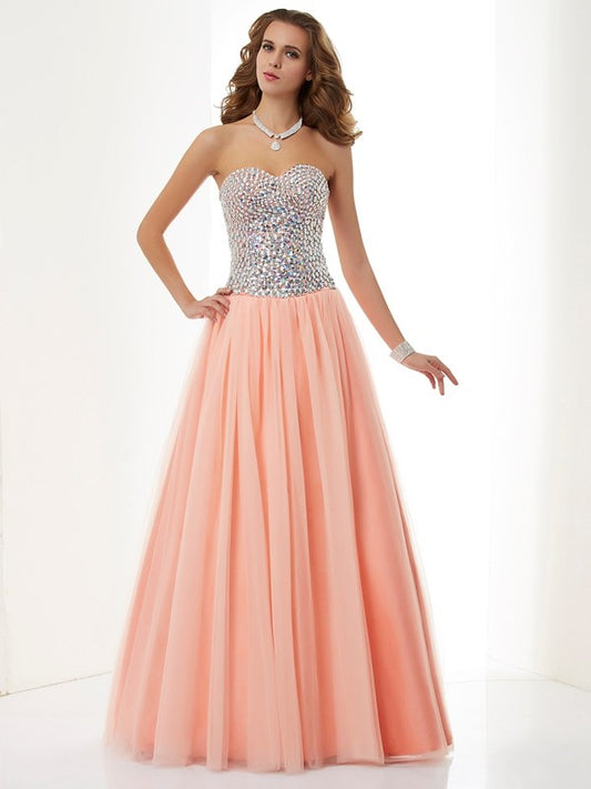 A-Line/Princess Sweetheart Sleeveless Beading Long  Woven Satin Dresses