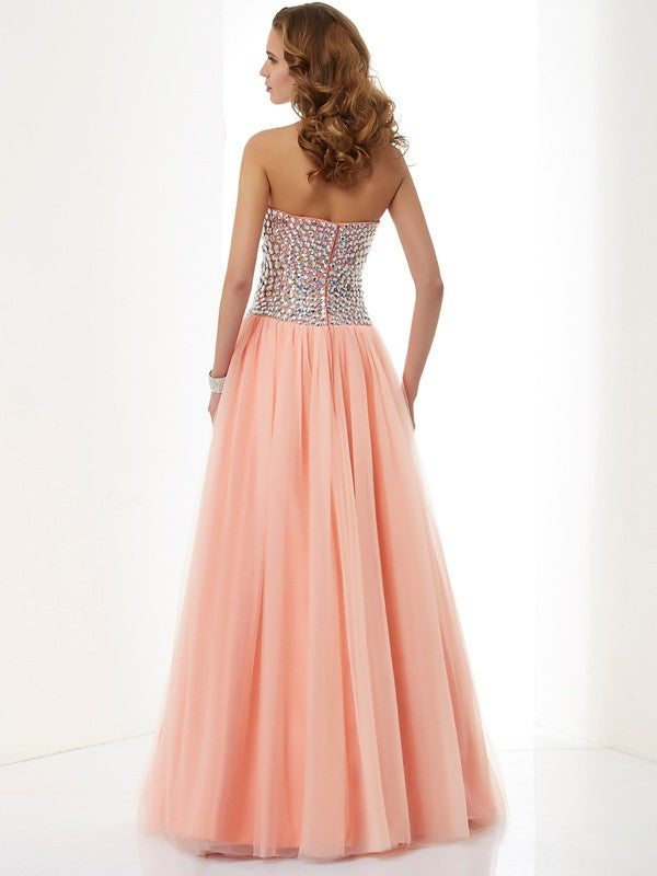 A-Line/Princess Sweetheart Sleeveless Beading Long  Woven Satin Dresses