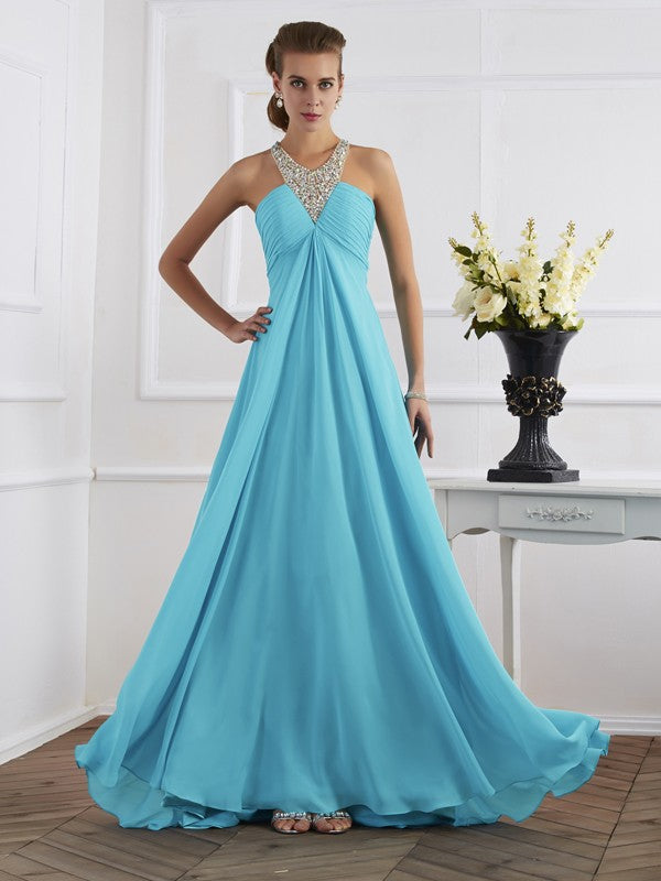 Empire Halter Sleeveless Beading Long Chiffon Dresses