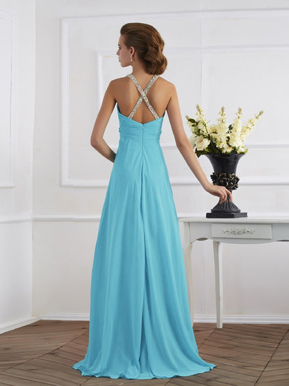 Empire Halter Sleeveless Beading Long Chiffon Dresses