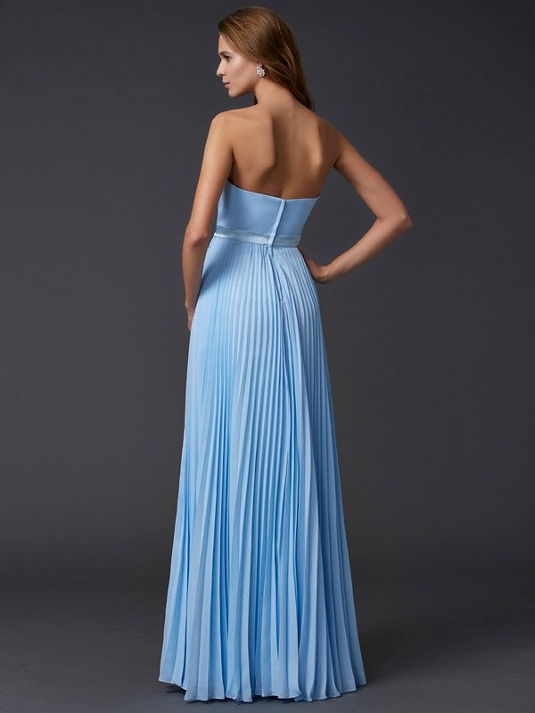 A-Line/Princess Strapless Sleeveless Ruched Long Chiffon Dresses