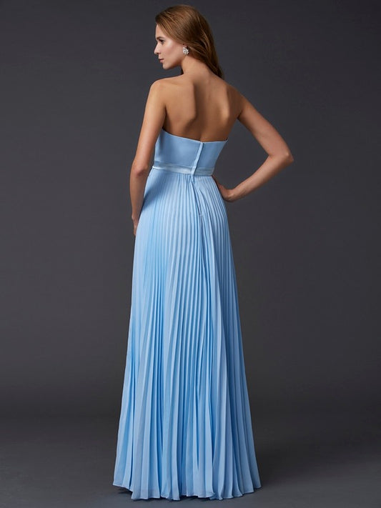 A-Line/Princess Strapless Sleeveless Ruched Long Chiffon Dresses