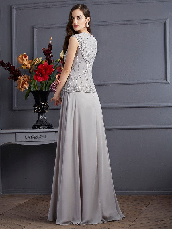 A-Line/Princess Square Sleeveless Beading Long Chiffon Dresses