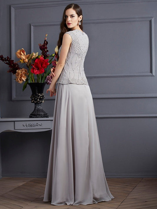 A-Line/Princess Square Sleeveless Beading Long Chiffon Dresses