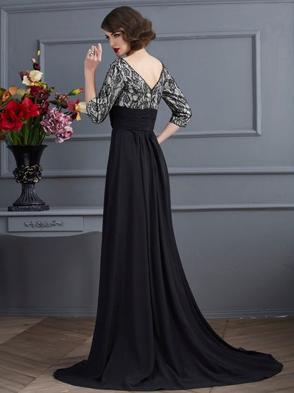 Sheath/Column V-neck 3/4 Sleeves Lace Long Chiffon Dresses