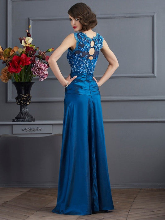 A-Line/Princess V-neck Sleeveless Beading Long Taffeta Mother of the Bride Dresses