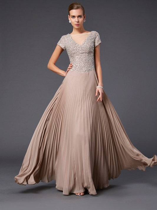 A-Line/Princess V-neck Short Sleeves Beading Long Chiffon Mother of the Bride Dresses