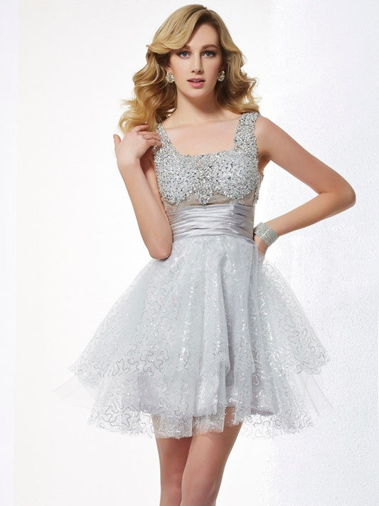 A-Line/Princess Straps Sleeveless Beading Short  Woven Satin Homecoming Dresses