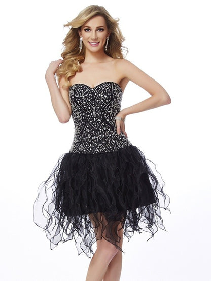 Sheath/Column Sweetheart Sleeveless Beading Short Organza Homecoming Dresses