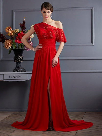 A-Line/Princess One-Shoulder Sleeveless Applique Long Chiffon Dresses