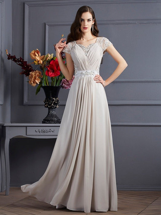 A-Line/Princess Sweetheart Short Sleeves Beading Long Chiffon Dresses