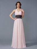 A-Line/Princess Halter Sleeveless Applique Long Chiffon Dresses