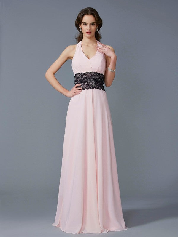 A-Line/Princess Halter Sleeveless Applique Long Chiffon Dresses