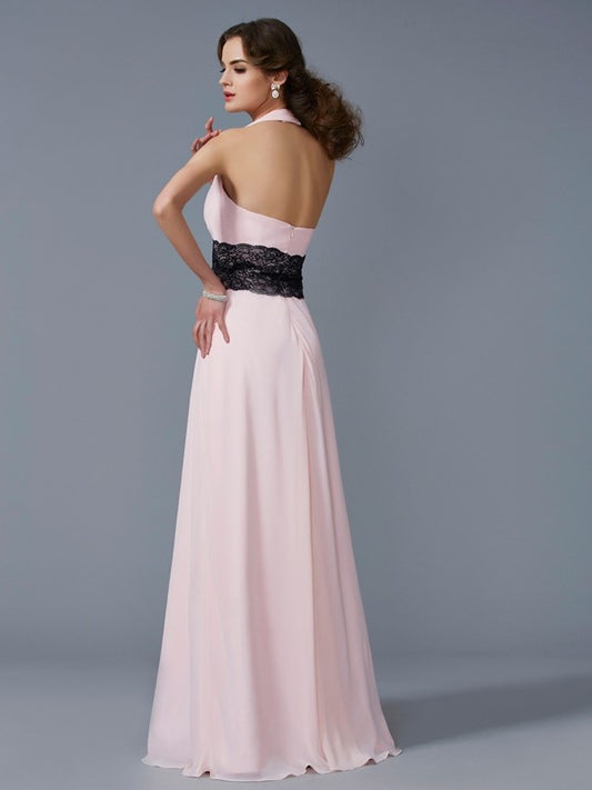 A-Line/Princess Halter Sleeveless Applique Long Chiffon Dresses