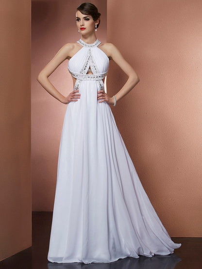 A-Line/Princess Bateau Sleeveless Beading Long Chiffon Dresses